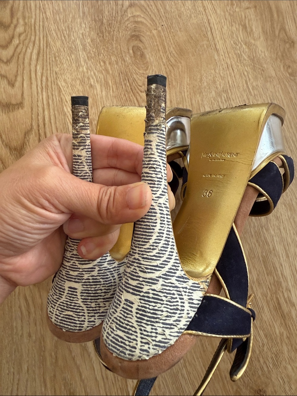 YSL Tribute 105 Navy Suede High Heel Sandals with Gold Trim - Picture 6 of 6